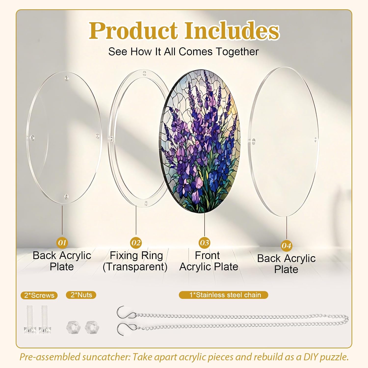 Acrylic Jigsaw Puzzle Suncatcher-Violet Garden Grace, Suncatcher Puzzle Kit Window Hanging,Room Home Garden Decor,Stained Glass Puzzle,Mom Birthday Gifts for Women Wife(7.3in)