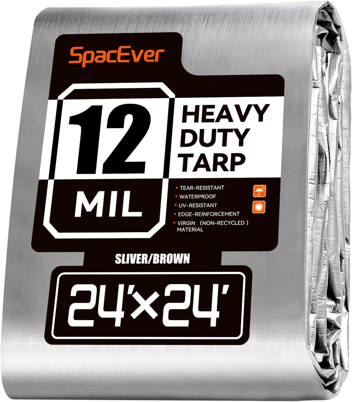 Tarp Heavy Duty 24x24 FT, 12 Mil Thick Large Tarps Water-Proof with Grommets, UV& Tear Resistant, Plastic Cover for Pool Roof Tent Outdoor Firewood, Silver& Brown