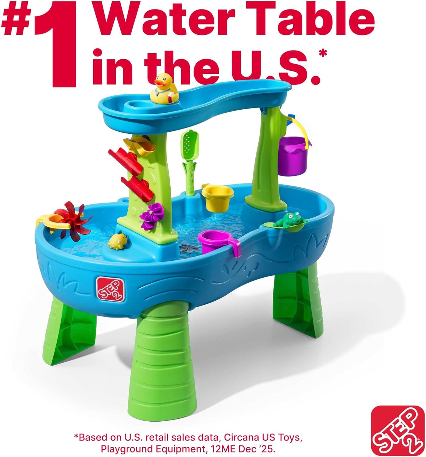 Step2 Rain Showers Splash Pond Toddler Water Table, Outdoor Kids Water Sensory Table, Ages 18+ Months, 13 Piece Water Toy Accessories, Blue & Green