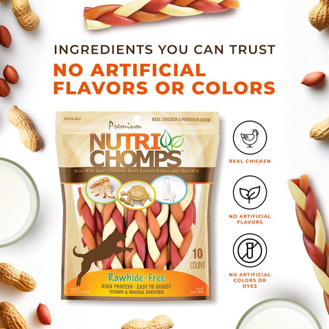 Nutri Chomps Dog Chews, 6-inch Braids, Easy to Digest, Rawhide-Free Dog Treats, Healthy, 10 Count, Real Chicken, Peanut Butter and Milk Flavors (Pack of 12)