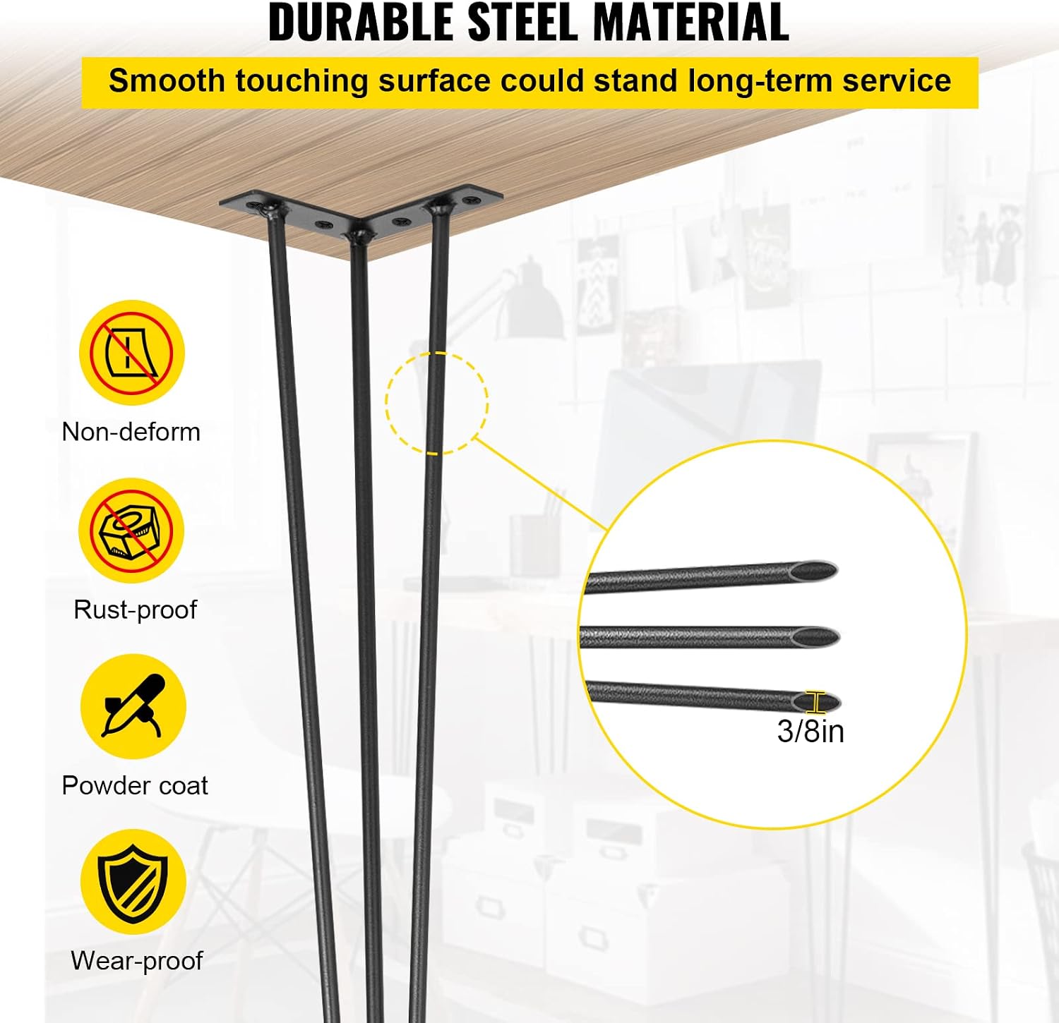 VEVOR Hairpin Table Legs 18" Black Set of 4 Desk Legs 880lbs Total Load Capacity Hairpin Desk Legs 3 Rods for Bench Desk Dining End Table Chairs Carbon Steel DIY Heavy Duty Furniture Legs