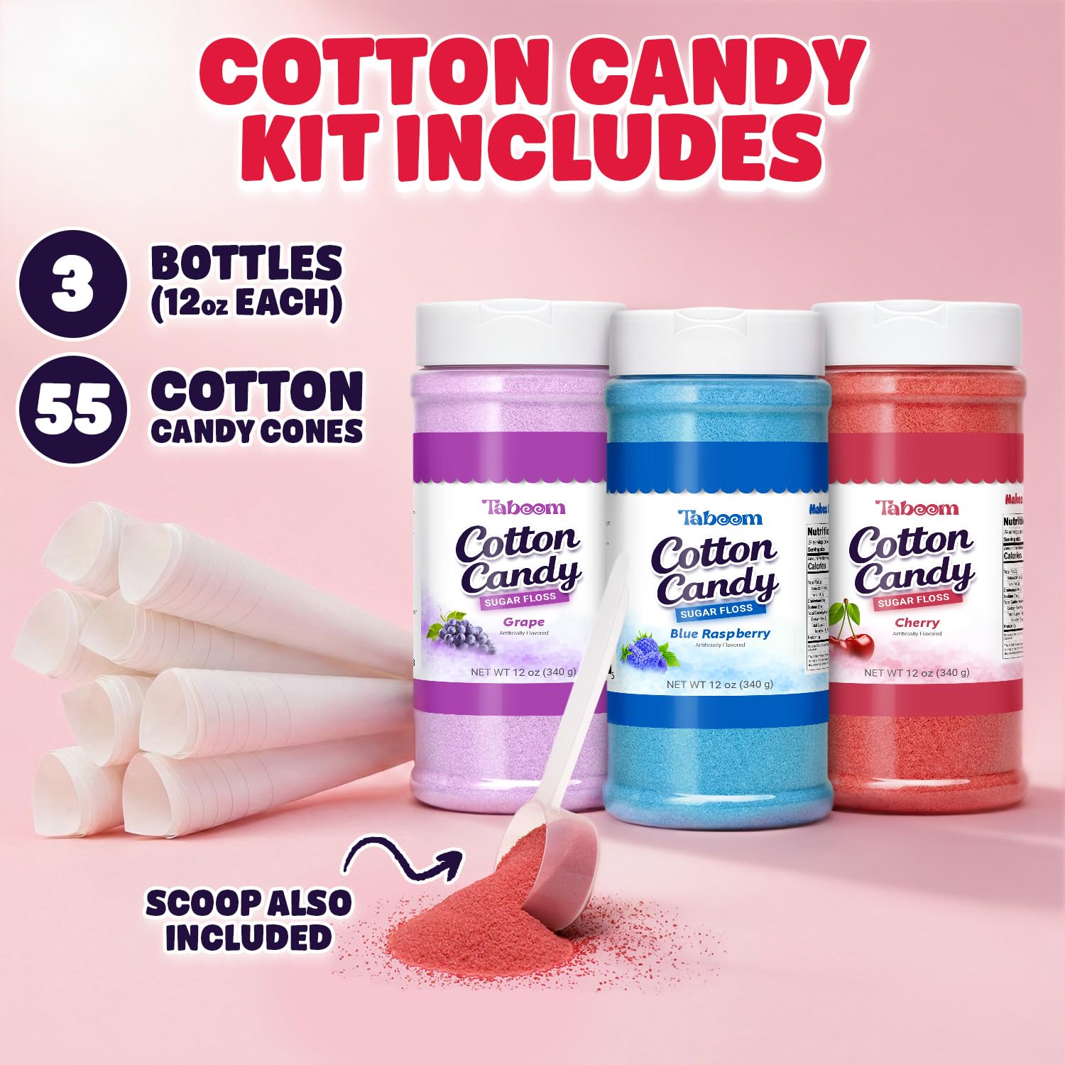 Cotton Candy Sugar Floss Variety Pack - Grape, Raspberry & Cherry Flavors, 3 Bottles (12oz Each) Includes 55 Cones for Home & Commercial Cotton Candy Machines, Parties, Carnivals & Events