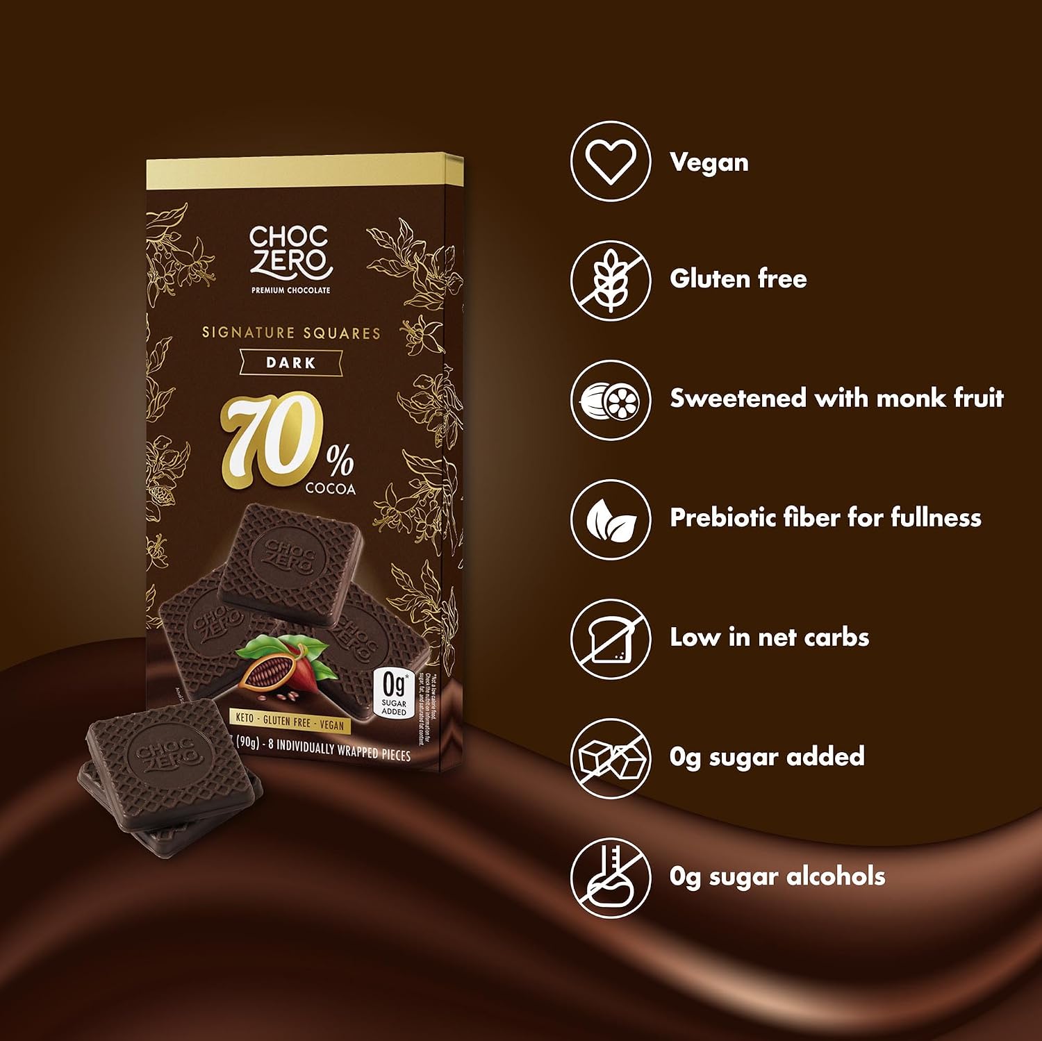 ChocZero 70% Cocoa Sugar Free Dark Chocolate Squares, Vegan, 4 Pack