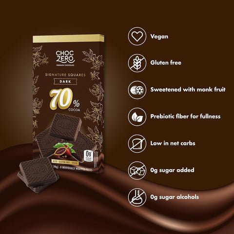 ChocZero 70% Cocoa Sugar Free Dark Chocolate Squares, Vegan, 4 Pack