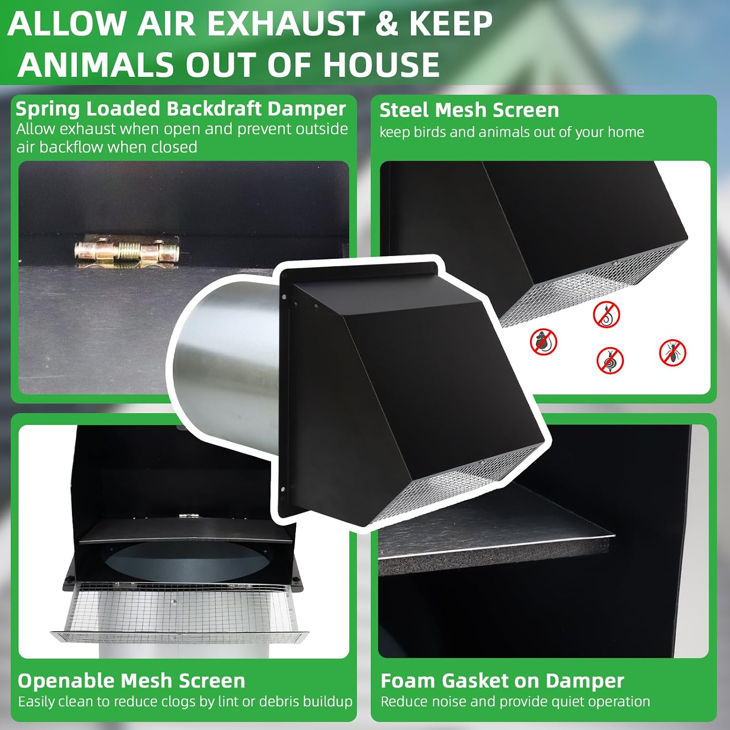 10 Inch Hooded Wall Vent with Screen and Damper,Outdoor Wall Exhaust Vent Cover Cap for Kitchen Range Hood HVAC Duct Dryer Ventilation&Outside Exterior Mount,Galvanized Steel,Black