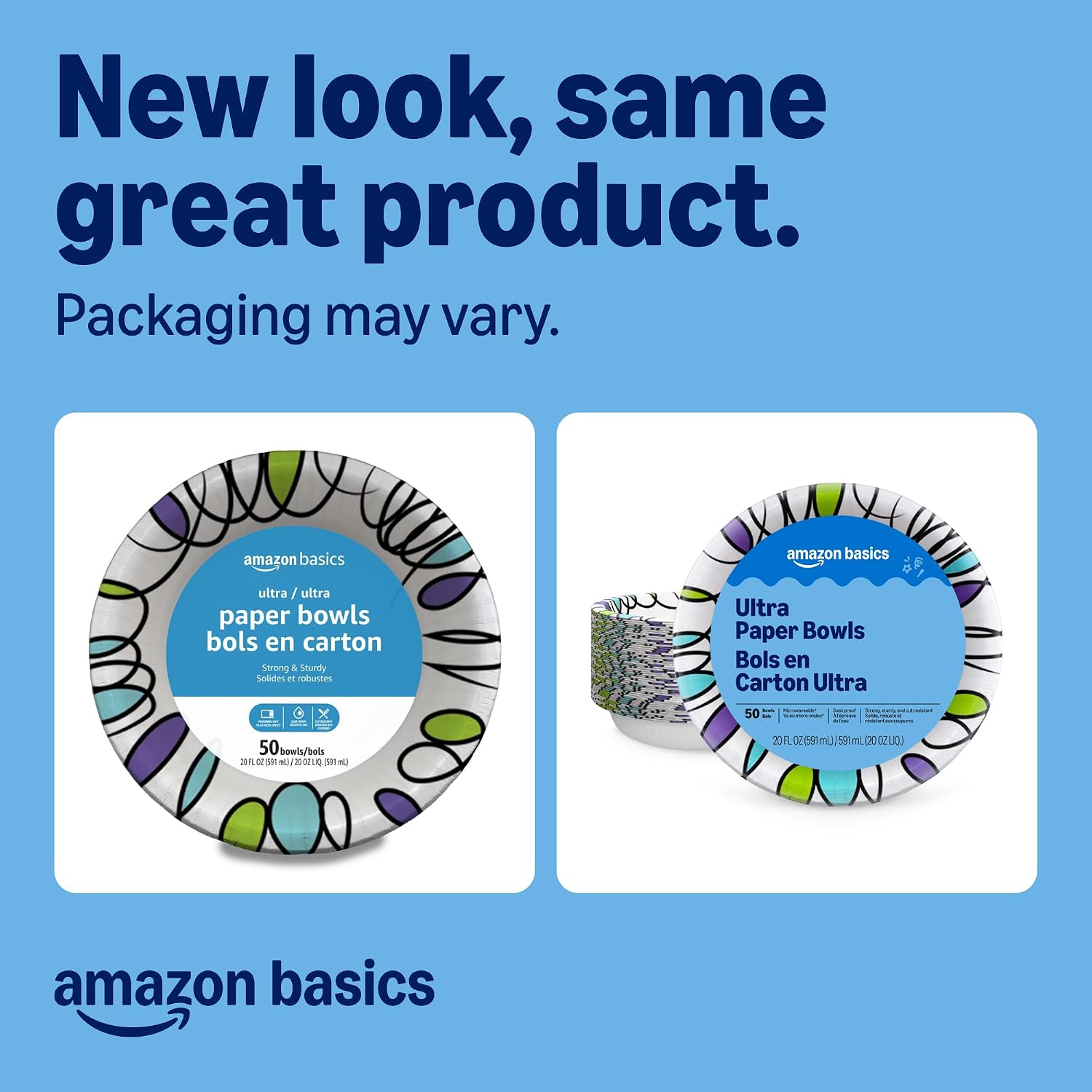 Amazon Basics Ultra Disposable Paper Bowls, 20 Oz, Microwave Safe, Soak Proof, Strong & Sturdy, White, 50 Count, Packaging May Vary