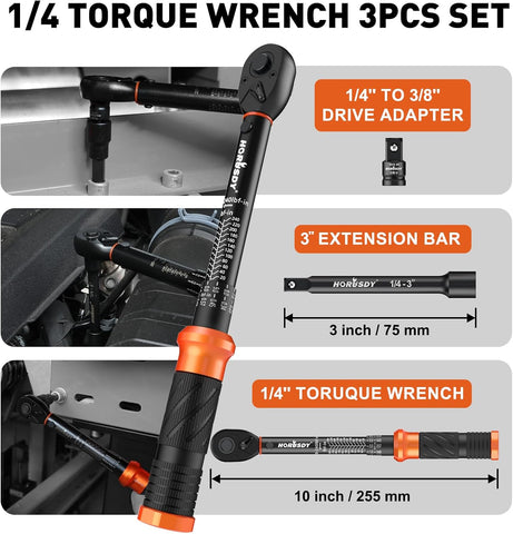 HORUSDY 1/4" Torque Wrench 4PCS Set, 20-240 in-lb Click Torque Wrench with 3" Extension Bar & 1/4" to 3/8" Adapter, Cr-V Inch Pound Torque Wrenches for Bike, Motorcycle & Small Engine Repair