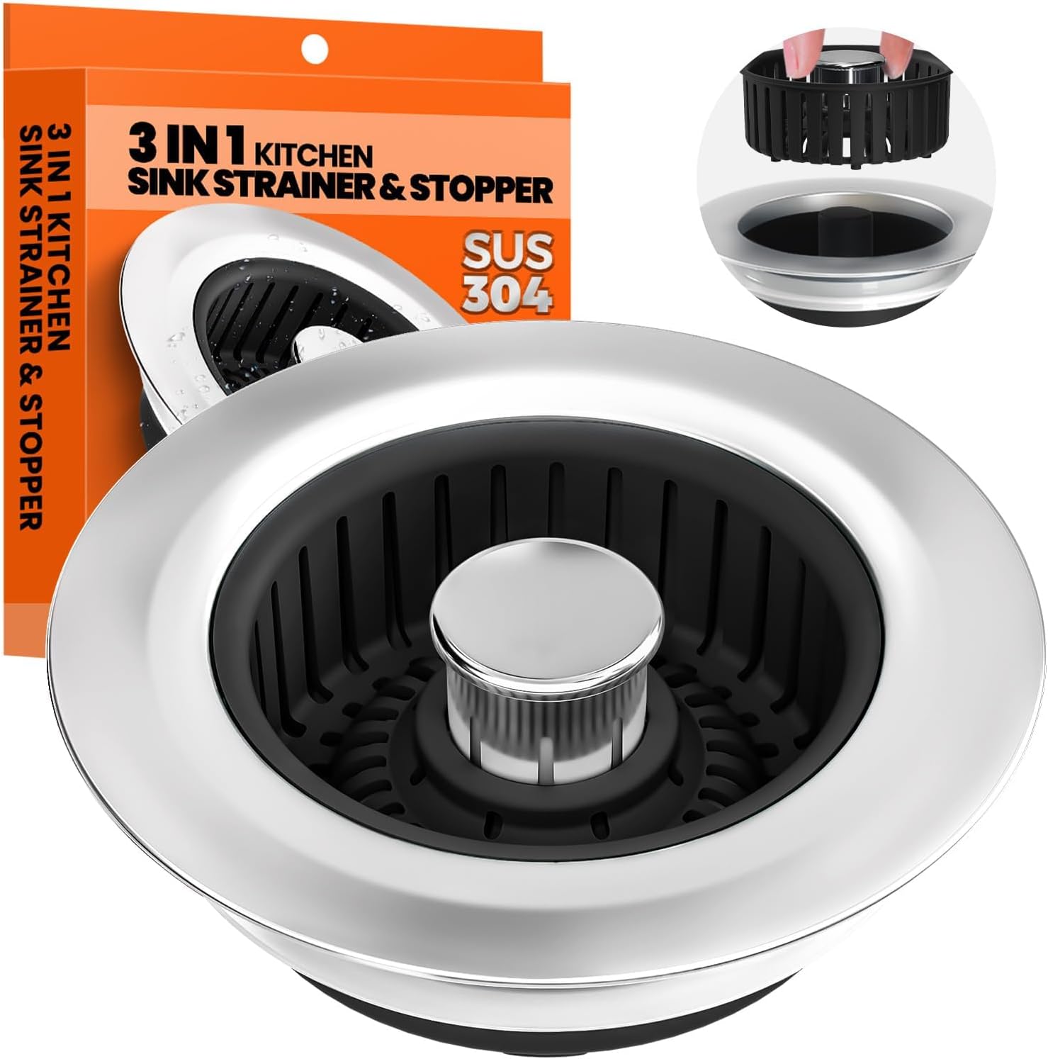 3 in 1 Kitchen Sink Drain Strainer and Stopper Black 1 Pack