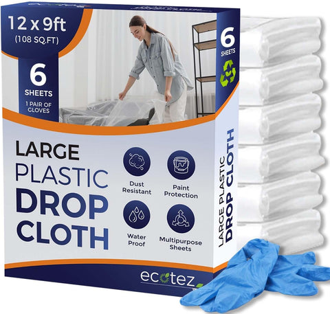 6 Pack 12 x 9 ft Extra Large Plastic Drop Cloth for Painting