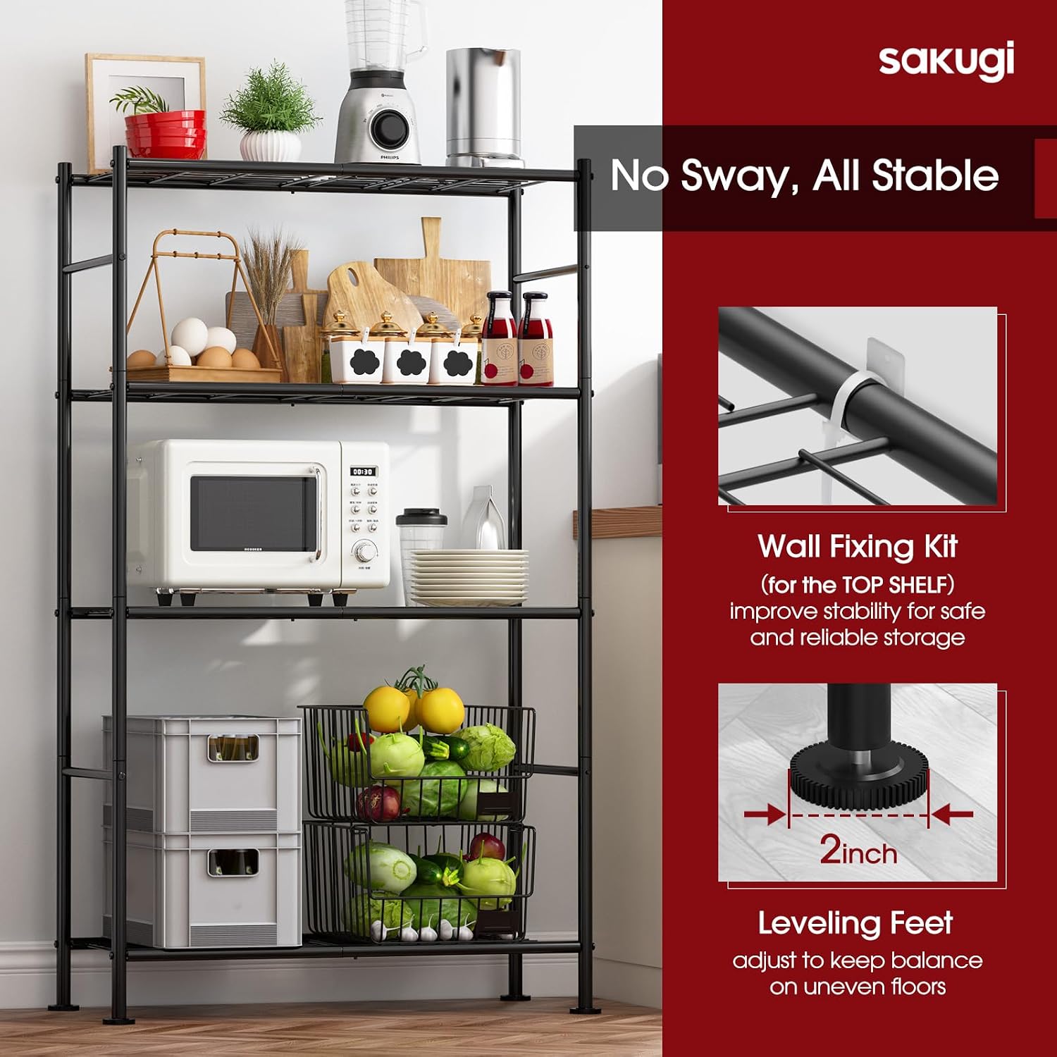 Sakugi Storage Shelves - 4 Tier Shelf Organizer, Heavy Duty Garage Shelving Unit with Leveling Feet, Stable Metal Shelves Organizer for Pantry, Kitchen and Closet, 33.0" W x 12.6" D x 57.2" H, Black