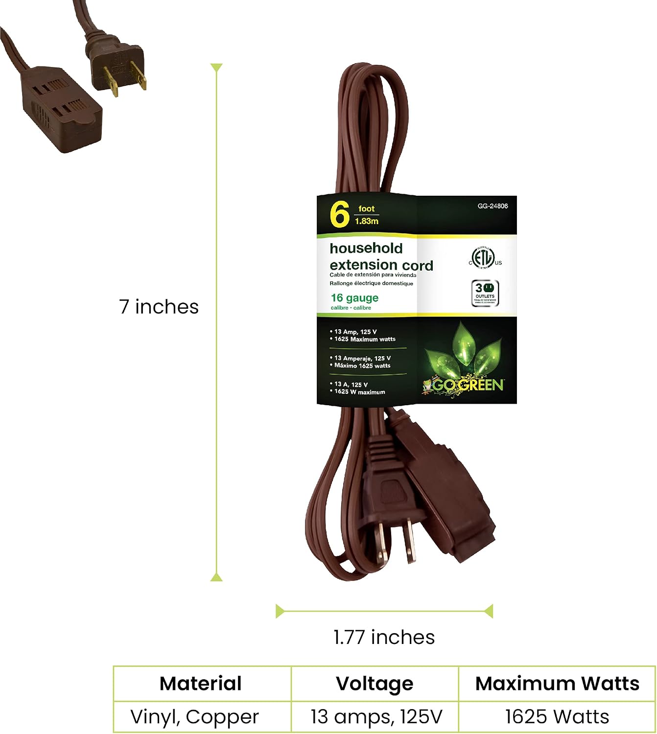 Go Green Power Inc. 16/2 6ft Household Extension Cord with 3 Outlets, Brown - Discreet, Kink-Free, Child Safety Covers for extra protection - Perfect for Daily Use - GG-24806