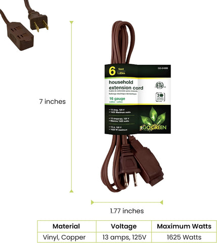 Go Green Power Inc. 16/2 6ft Household Extension Cord with 3 Outlets, Brown - Discreet, Kink-Free, Child Safety Covers for extra protection - Perfect for Daily Use - GG-24806