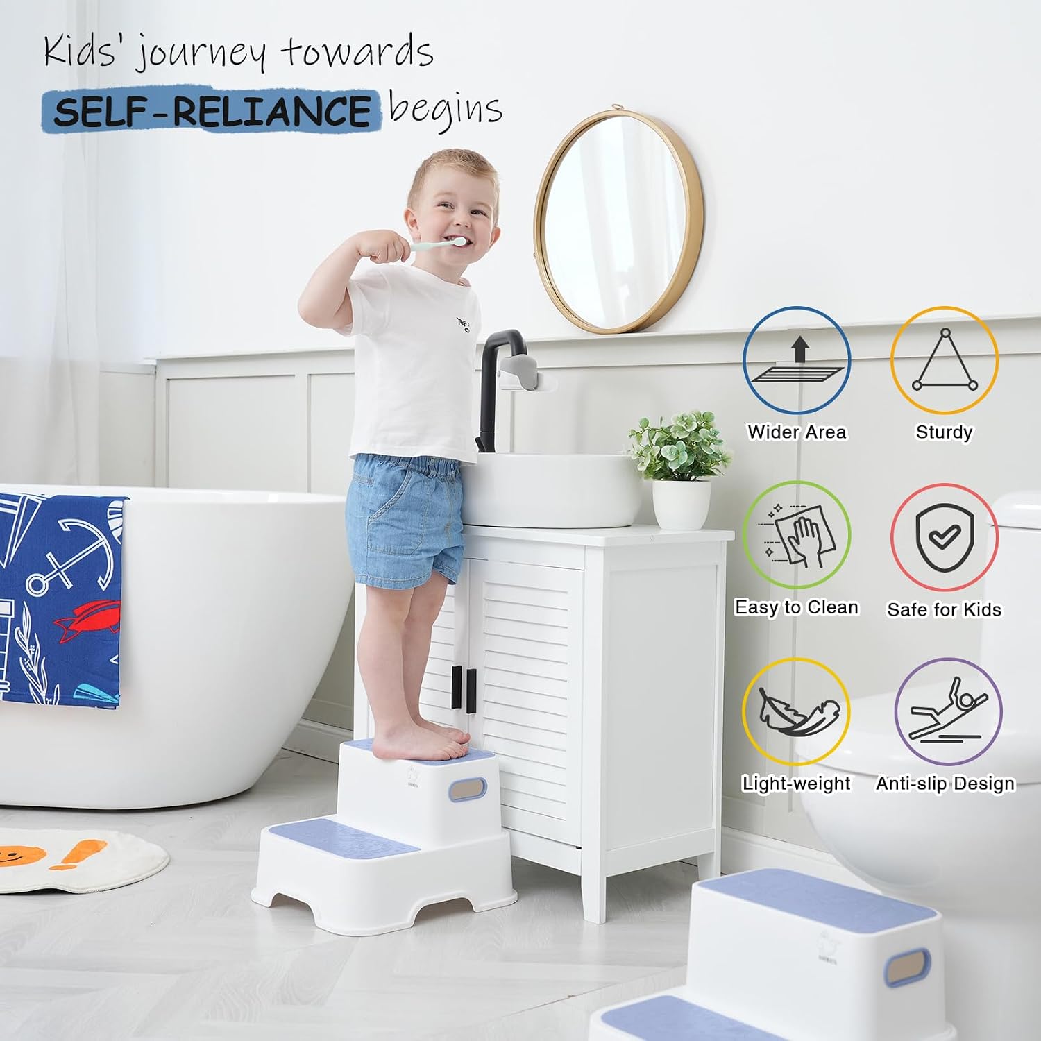 Harwaya Blue Toddler Step Stool for Bathroom Sink 2 Pack, Kids Step Stools for Boys Toilet Potty Training, Plastic Stepping Stool for Toddlers Child Kid Kitchen Bedroom (Included Two Faucet Extender)