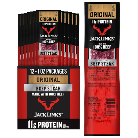 Jack Link’s Premium Cuts Beef Steak, Original, 1 oz., 12 Count – Great Protein Snack 11g of Protein and 1g of Carbs per Serving, Premium Beef