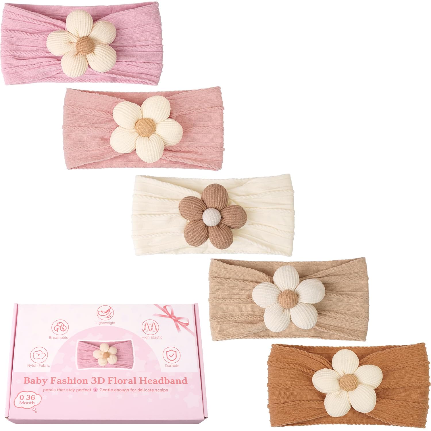 CÉLLOT 5Pcs Baby Flower Headbands Baby Girl Soft Nylon Headband for Newborn