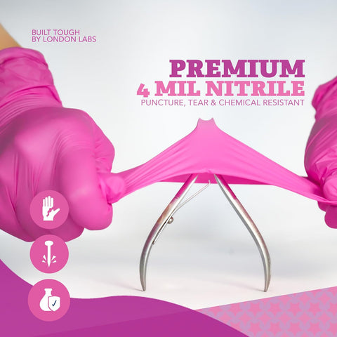 London Labs 4 Mil Pink Nitrile Gloves–Disposable Latex Free & Powder Free–Chemical Resistant, Rubber Gloves, Nial Supplies
