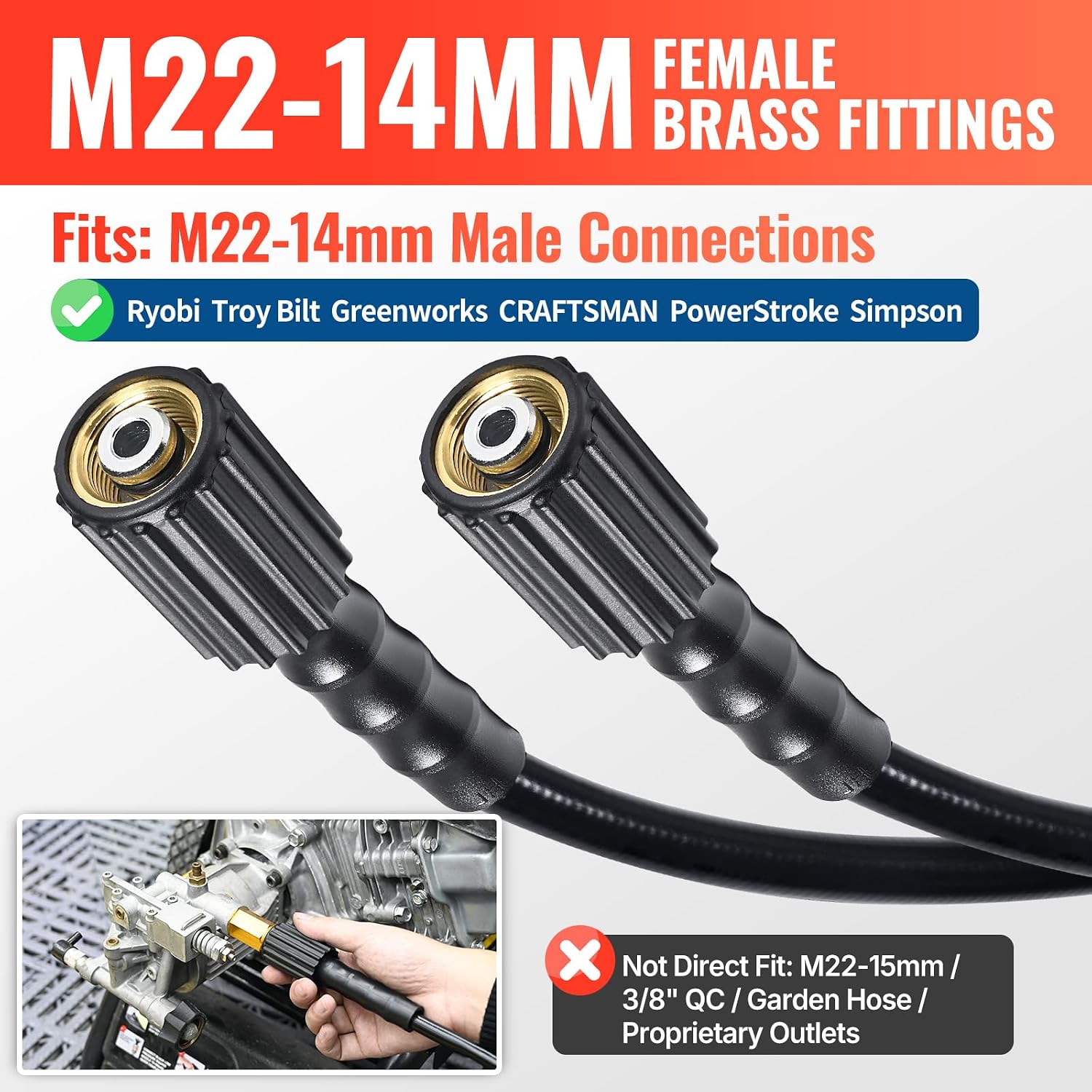 YAMATIC Pressure Washer Hose 25 FT 1/4", M22-14mm Females