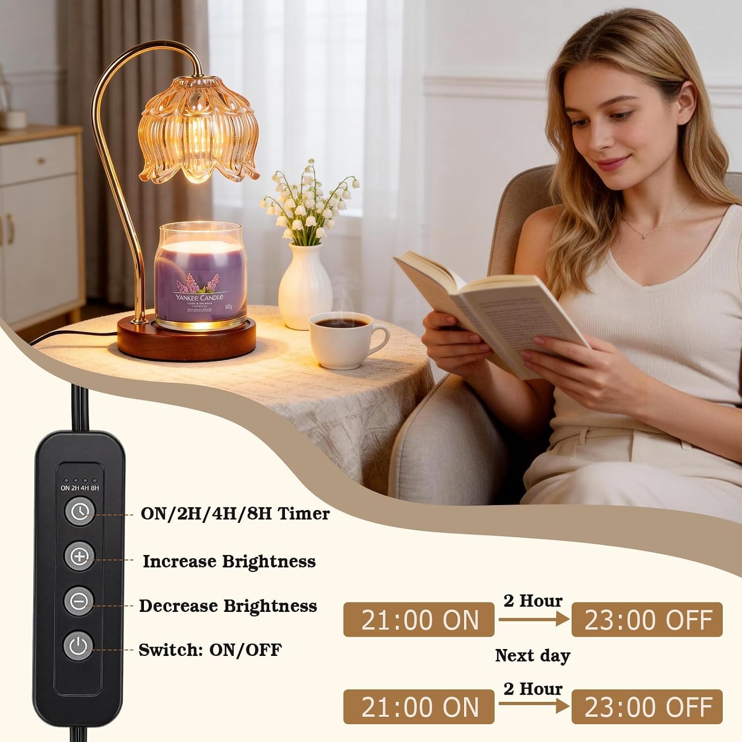 Funistree Flower Candle Warmer Lamp with Timer, Dimmable Candle Lamp Warmer, Christmas Birthday Gifts for Women Mom Her, Housewarming Home Decor, Lotus Wax Warmer for Yankee Candles - Lily Amber
