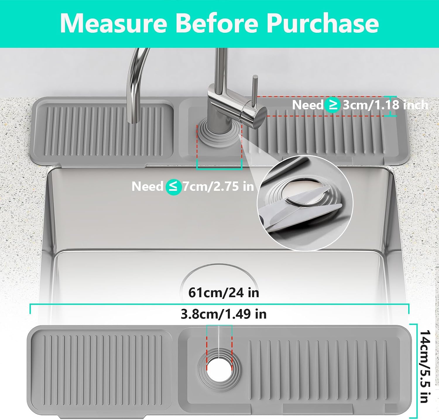 24'' Longer Faucet Mat for Kitchen Sink Splash Guard Drain Mat Behind Fauce