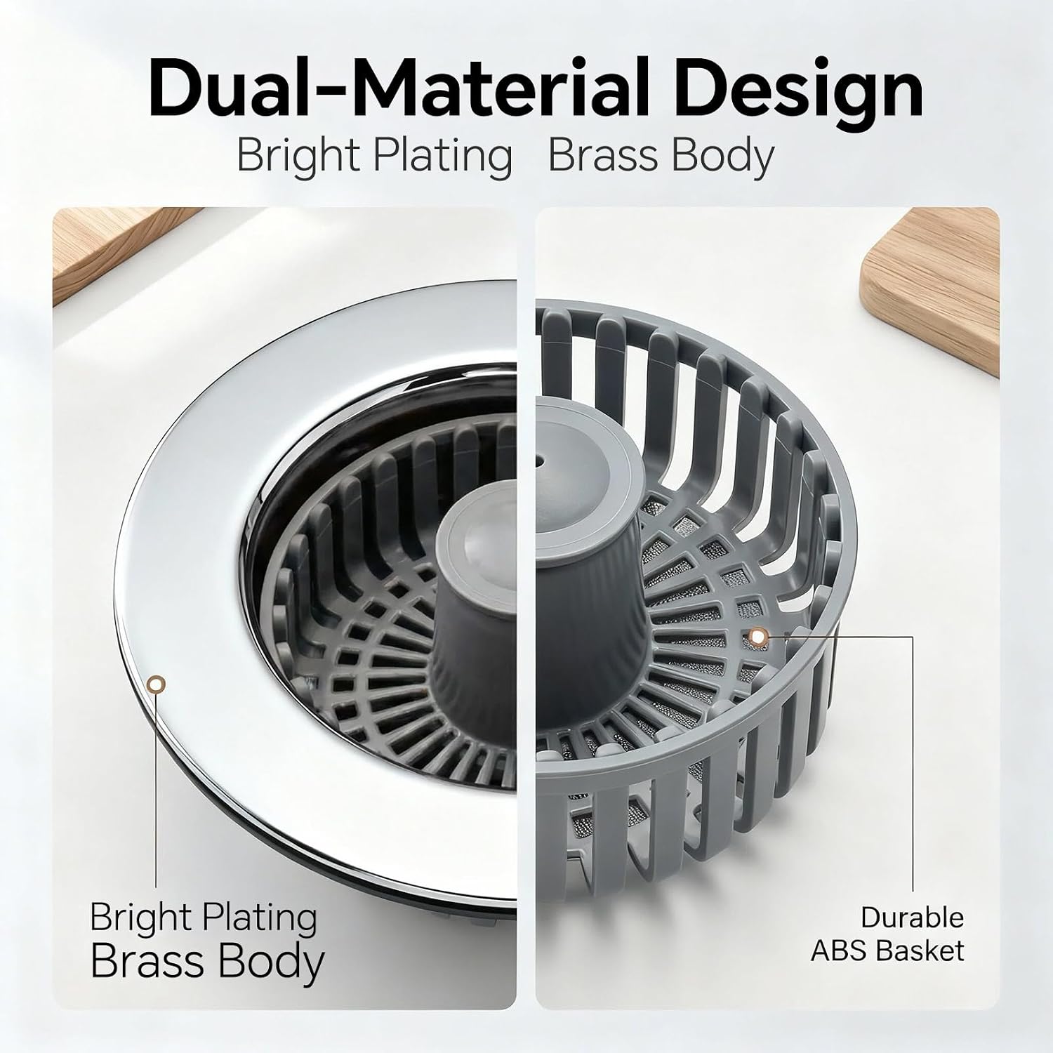 Kitchen Sink Stopper, 3 in 1 Pop Up Kitchen Sink Drain Strainer, with an Extra Basket Strainer, Sink Drain Stopper for US Standard 3-1/2 Inch, Brass Material Electroplate (Silver 2pcs)