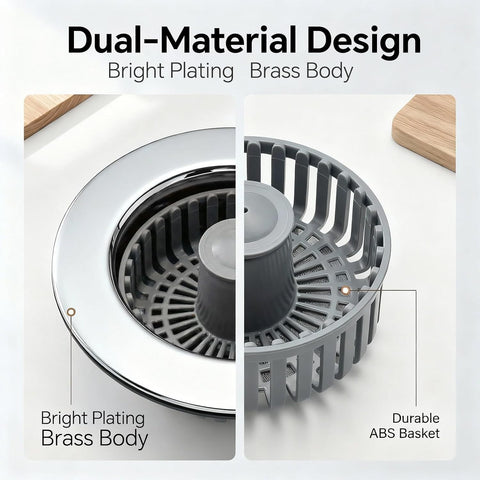 Kitchen Sink Stopper, 3 in 1 Pop Up Kitchen Sink Drain Strainer, with an Extra Basket Strainer, Sink Drain Stopper for US Standard 3-1/2 Inch, Brass Material Electroplate (Silver 2pcs)