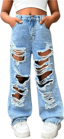 Floerns Girl's Distressed Jeans Baggy Wide Straight Leg Y2k Ripped Denim Pants