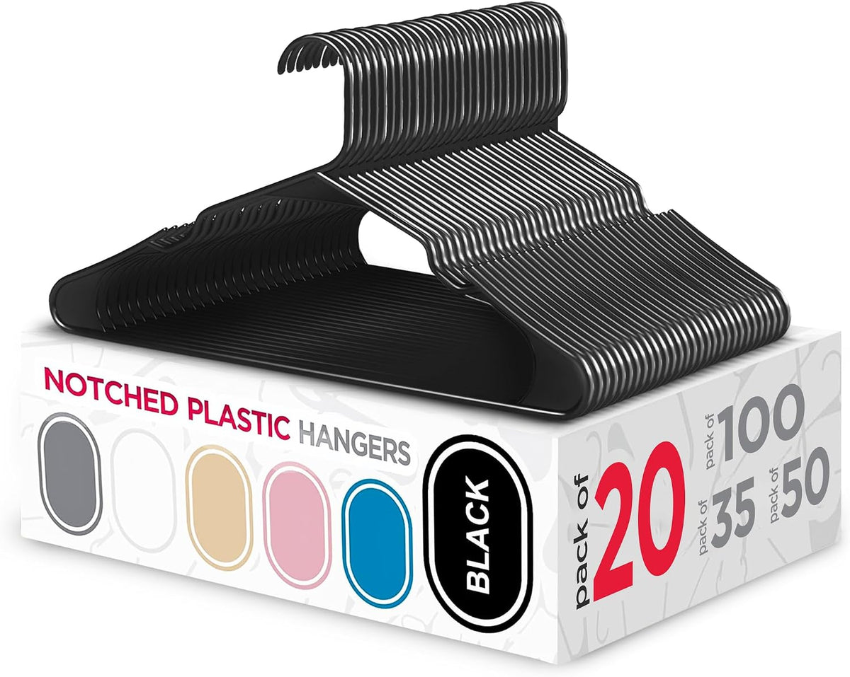 Sharpty Plastic Hangers Clothes Hangers for Clothing, Closet, Coats & Shirts - Notched, Durable, Thick, Tough & Space Saving - for Everyday Standard Use, Room Essentials & Basics - 20 Pack - Black