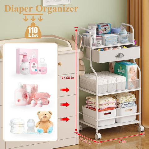 Baby Diaper Caddy Cart Organizer -3 Tier, Bedside Nursery Essentials Organizer & Storage Holder for Newborn Baby Stuff, 2+1 Dividers, 1 Drawer,Rolling Utility Cart for Bedroom,Changing Table, Crib.