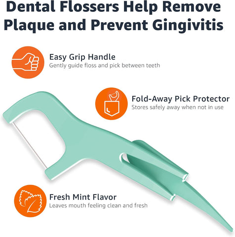 Amazon Basics Mint Dental Flossers, Shred Resistant, Slides Easily Between Teeth, with Fold-Away Pick, 90 Count, 1-Pack (Previously Solimo)