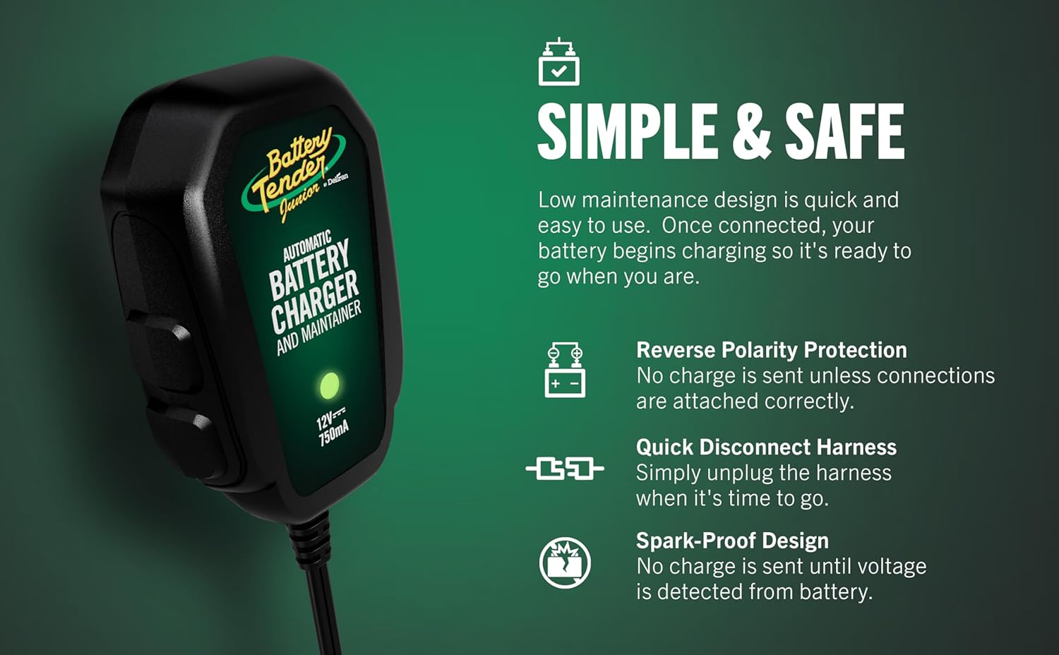 Battery Tender Junior 12V, 750mA Charger and Maintainer: Automatic 12V Powersports for Motorcycle, ATVs, and More - Smarter Than a Trickle Charger - 021-0123