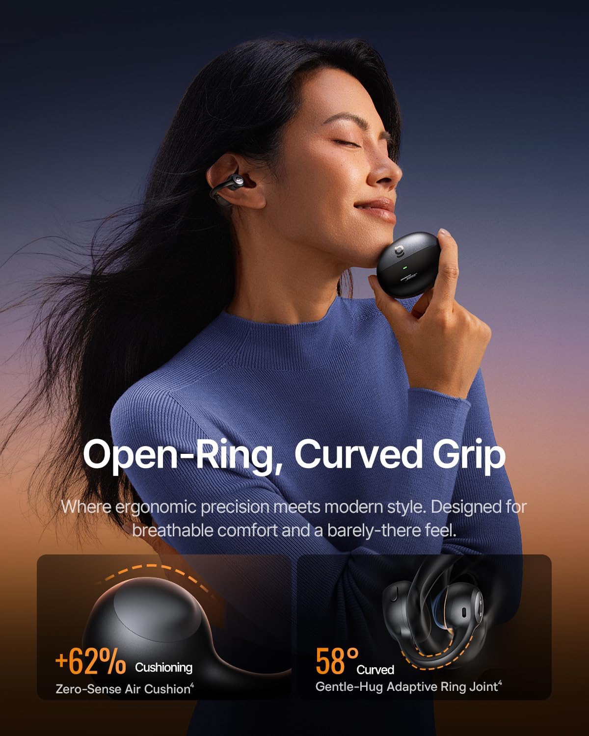 Baseus Inspire XC1 Open Ear Clip-On Earbuds, Sound by Bose, Dolby Audio, Adaptive Tunning Sound, Hybrid 2-Way Driver, Zero-Sense Air Cushion, 4-Mic Adaptive Clear Calls, IP66 Waterproof, 40H Playtime
