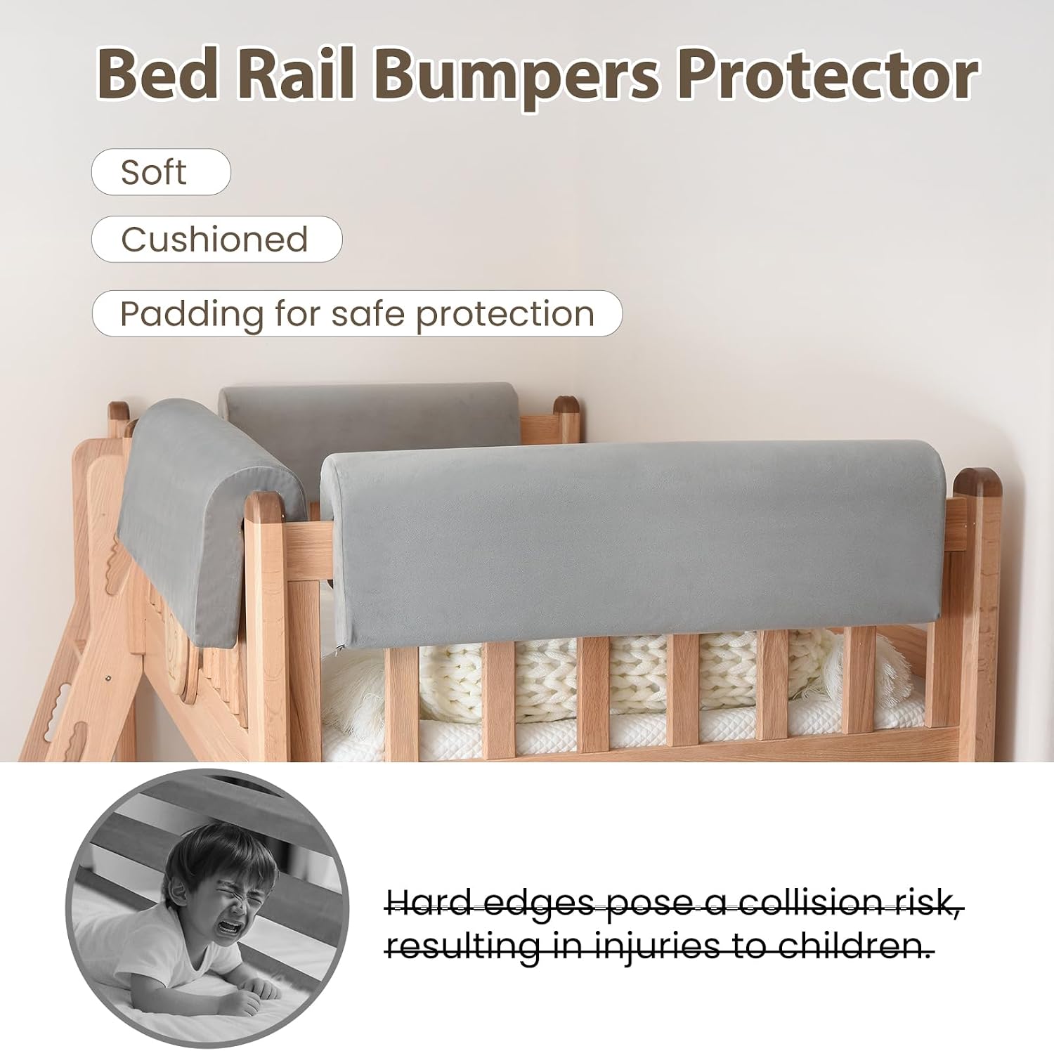 Toddlers' Bed Rail Bumpers Protector, Children's Bed Guardrail Padding, Soft Cushioned Barrier, Increased Height, Easy to Install, Washable Cover, Fits Floor, Bunk & Loft, 3 Ft, Gray, 1Pack