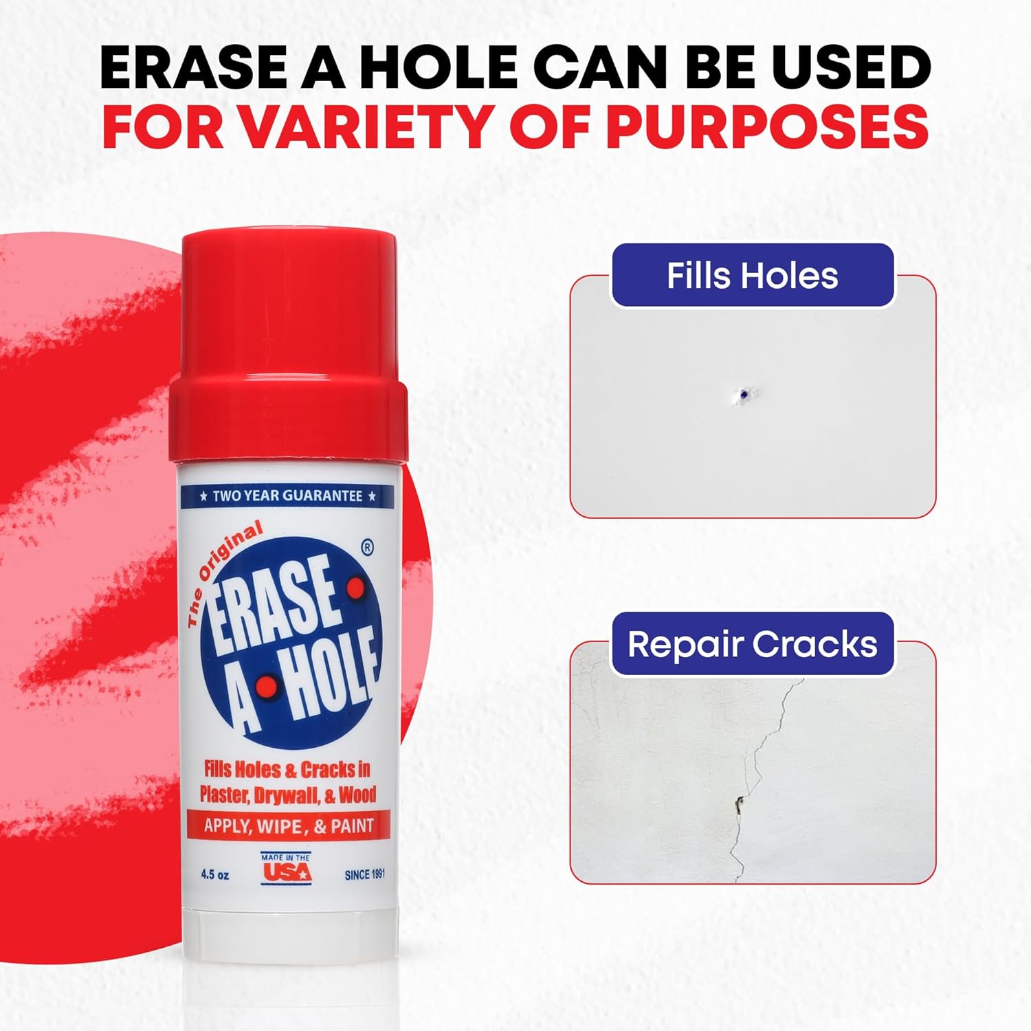 Erase-A-Hole Wall Repair Stick – Quick-Dry Nail & Screw Hole Filler for Drywall, Wood & Plaster – No Sand Spackle Alternative, Paintable Putty, 4.5 oz