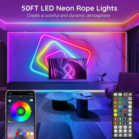 AILBTON 50Ft Neon Rope Lights,Flexible Led Rope Lights Control with App/Remote,Multiple Modes Music Sync Gaming RGB Led Neon Lights for Bedroom Outdoor