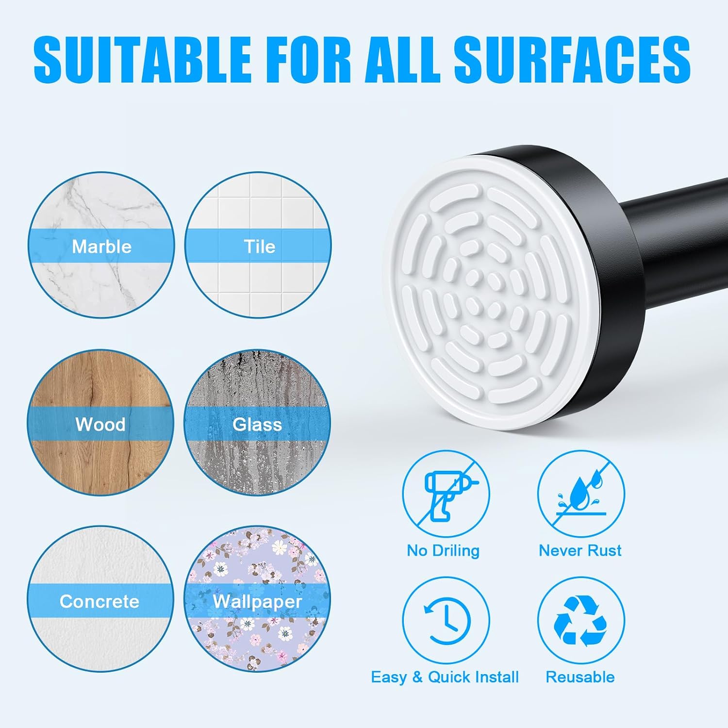 TEECK Shower Curtain Rod, 32-68 inch Adjustable Spring Tension Curtain Rod, Never Rust Anti-Slip Shower Curtain Rod for Bathroom, No Drilling, Never Collapse, Easy to Use, Black