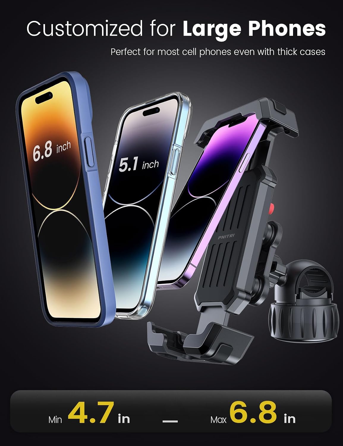 Pnitri 2026 New Upgraded Bike Phone Holder Handlebar - 1S Quick Install, Motorcycle Phone Mount, Bicycle Phone Holder fit Large Phone Case for iPhone Samsung (Black-with Shock Absorption)