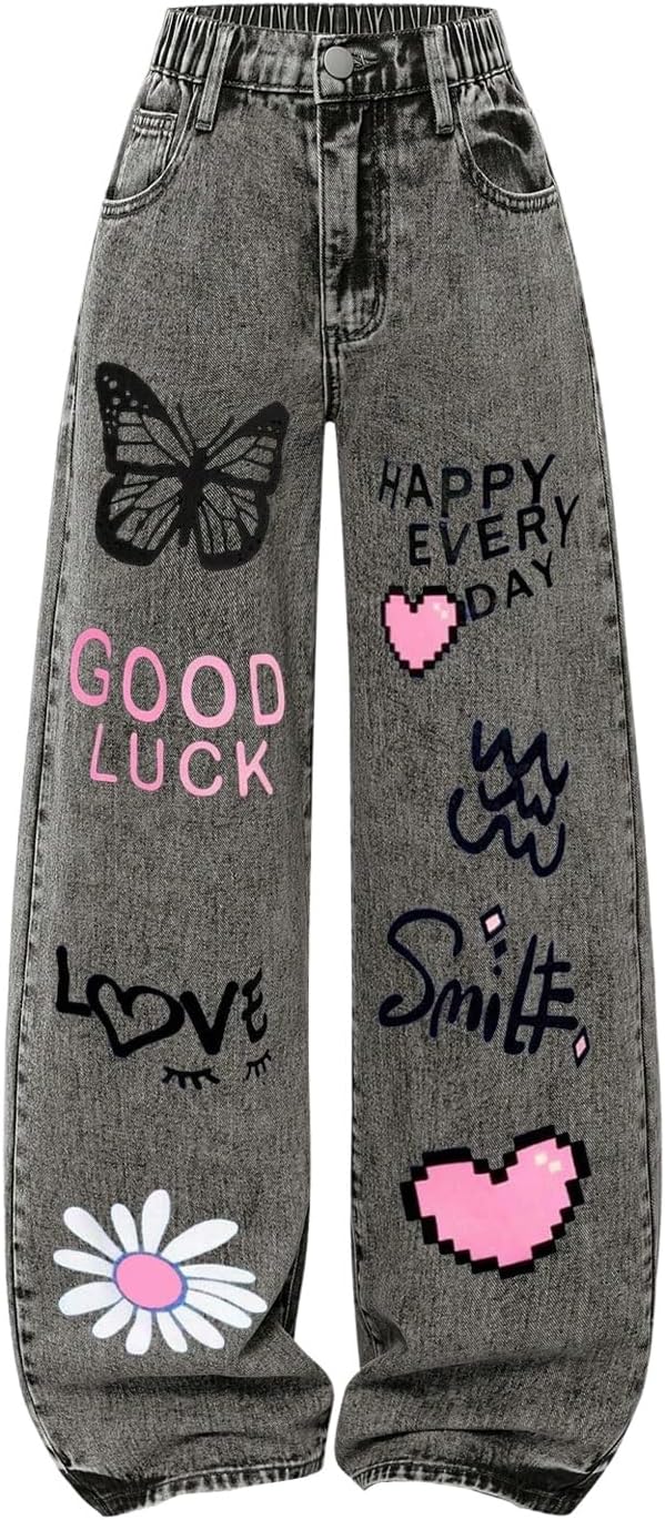BEAUDRM Girl's Baggy Jeans Wide Leg Cute Jeans