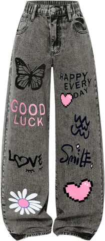 BEAUDRM Girl's Baggy Jeans Wide Leg Cute Jeans