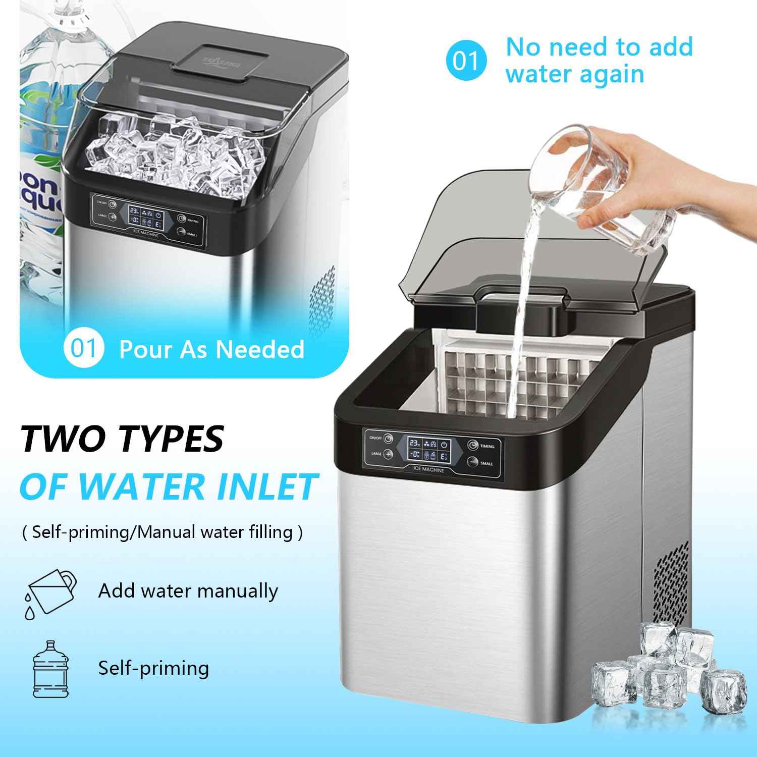 Ice Maker Countertop, 2 Ways to Add Water, 33lbs/24Hrs, 24 Pcs Ready in 13 Mins, Auto-Cleaning Portable Ice Maker with Basket and Scoop, for Home/Kitchen/RV/Camping, Silver