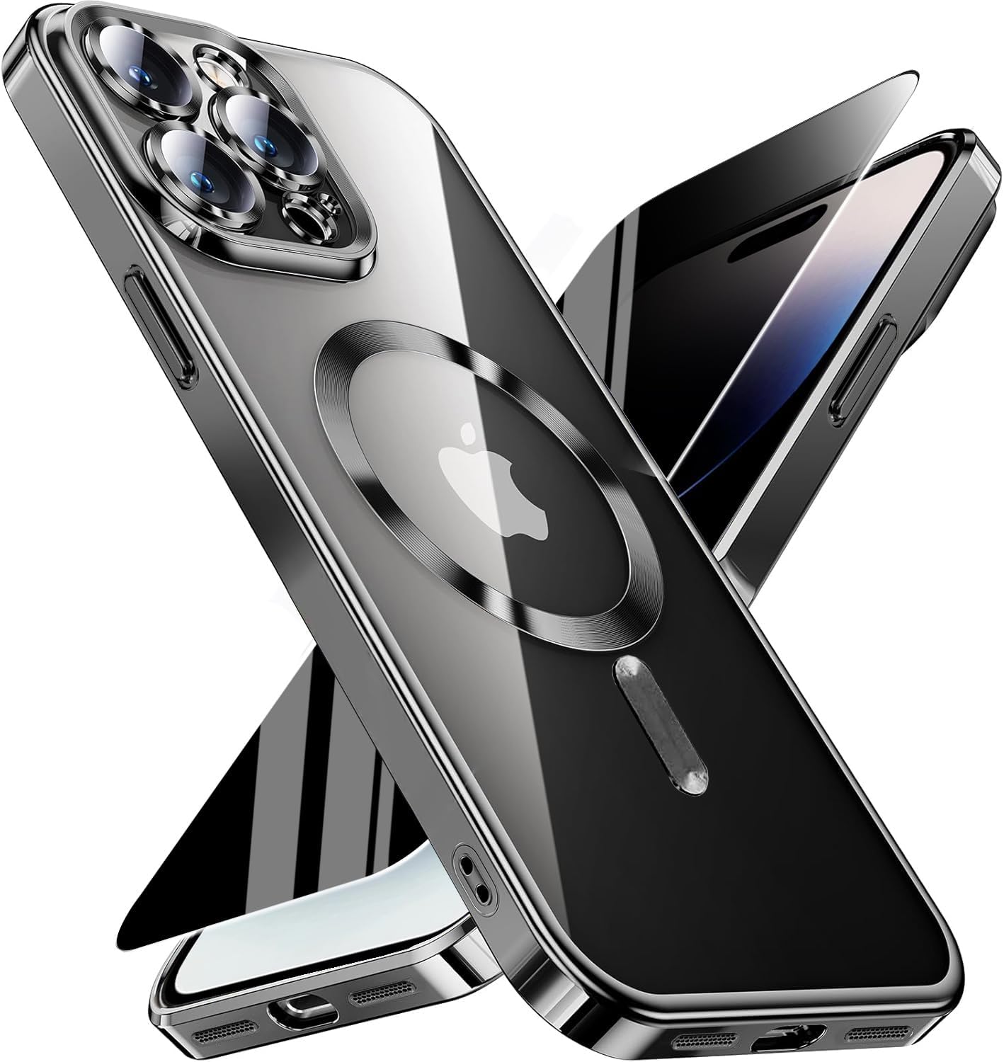 Magnetic for iPhone 14 Pro Max Case with Privacy Screen Protector & Full Camera Cover,[Non-Yellowing] Plating Glossy Soft Shockproof Clear Phone Case with MagSafe Women Girls for 14 ProMax,Black
