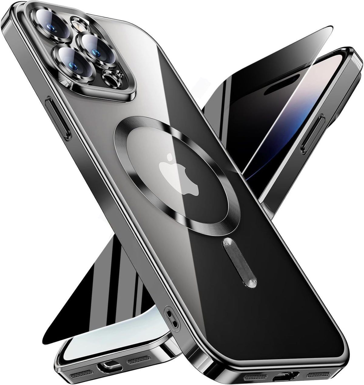 Magnetic for iPhone 14 Pro Max Case with Privacy Screen Protector & Full Camera Cover,[Non-Yellowing] Plating Glossy Soft Shockproof Clear Phone Case with MagSafe Women Girls for 14 ProMax,Black