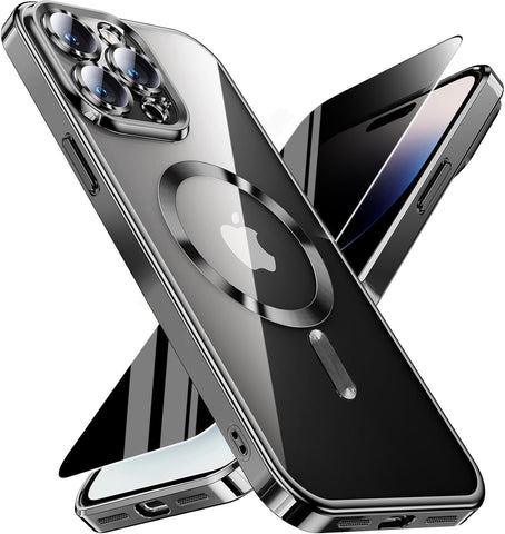Magnetic for iPhone 14 Pro Max Case with Privacy Screen Protector & Full Camera Cover,[Non-Yellowing] Plating Glossy Soft Shockproof Clear Phone Case with MagSafe Women Girls for 14 ProMax,Black