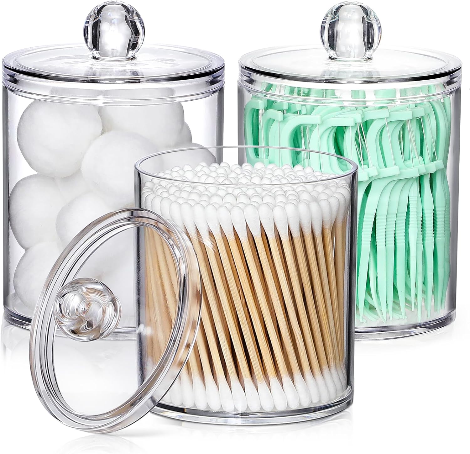 3 Pack Acrylic Qtip Holder Dispenser for Cotton Swabs, Balls, Floss Picks