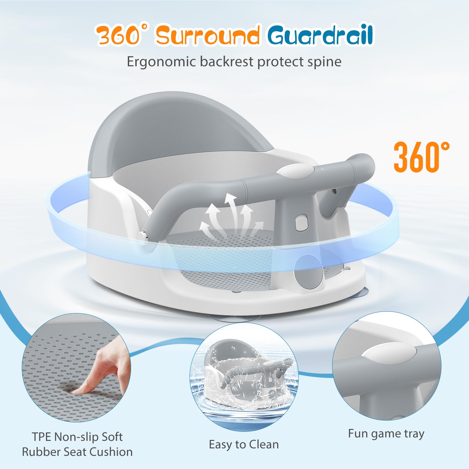Baby Bath Seat with Suction Cups, 6M+ Up, Non-Slip, Portable, Easy Clean