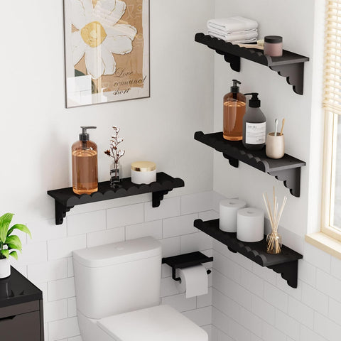 QsQueen Scalloped Wood Wall Shelf – 17 Inch Floating Shelf with Wood Brackets, Easy to Install Rustic Wall Shelf for Living Room, Bedroom, Bathroom, or Any Space, Black Shelves