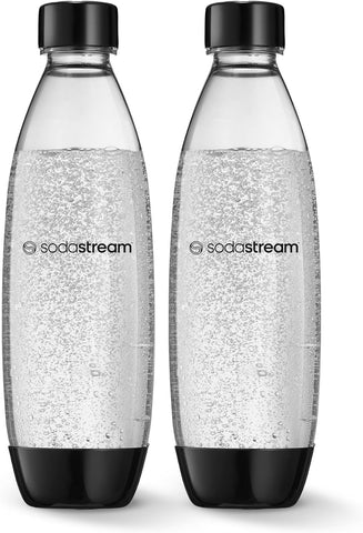 sodastream 1L Twin Pack Carbonated Water Bottle, Dishwasher Safe Slim, 2 Black Reusable Plastic Bottles for Sparkling Water, Soda Stream Compatible with TERRA, ART, ENSO, E-Terra & More