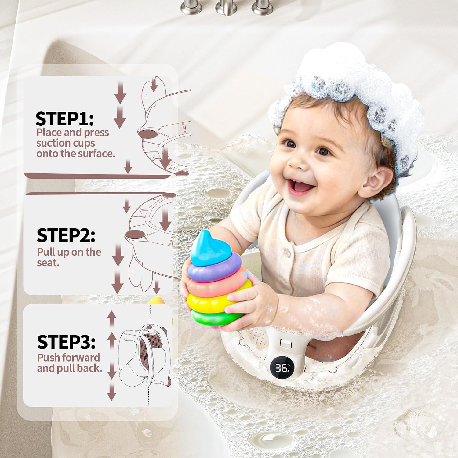 Baby Bath Seat 6+ Months with Temp Display Non-Slip Suction Base Tub Seat