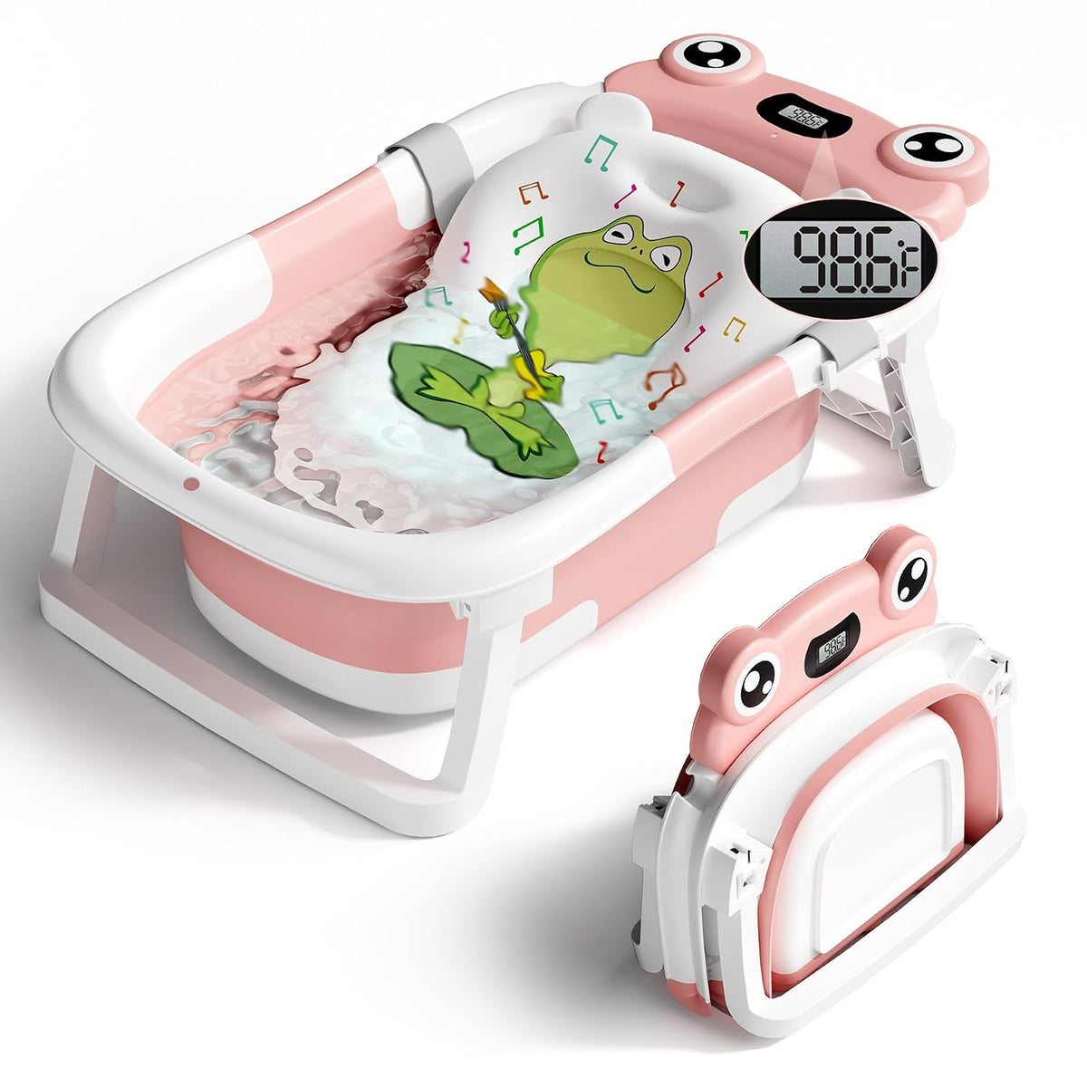 BUNWAG Baby Bathtub, Collapsible Newborn Bathtub for Infant to Toddler with Soft Cushion and Thermometer,Portable Travel Newborn Tub with No-Slip Feet, Baby Shower Gifts, 0-12 Months Baby Bath, Pink