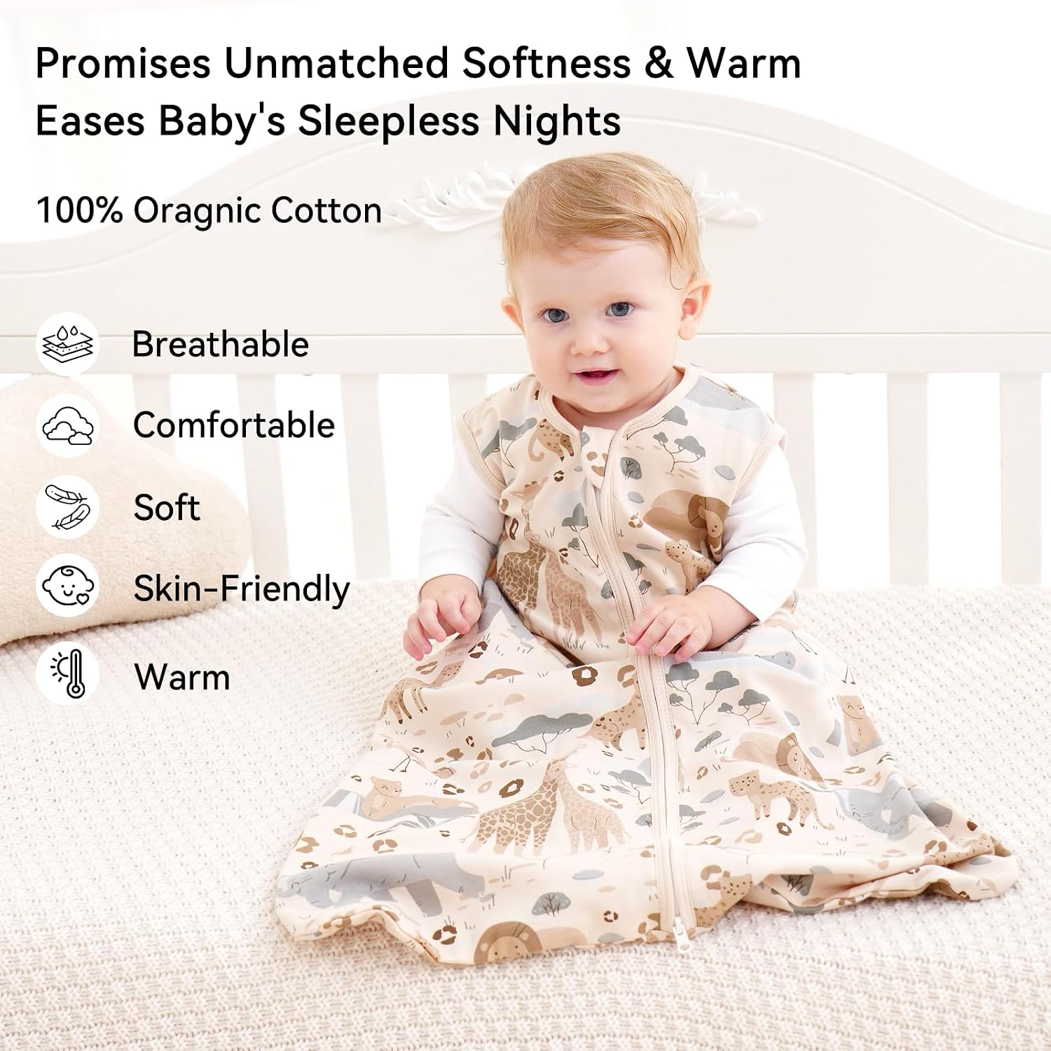 Unnivoll Baby Sleep Sack 0-6 Months 100% Organic Cotton 0.5 TOG