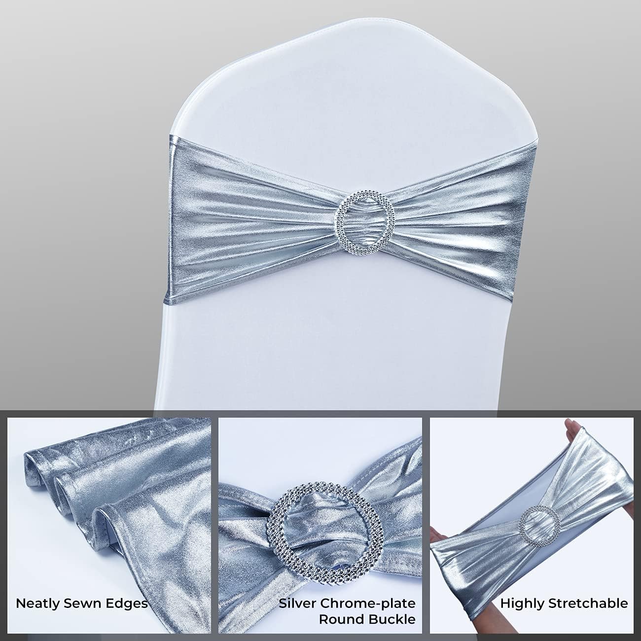 Babenest 50PCS Spandex Chair Sashes Bows with Buckle Metallic Silver